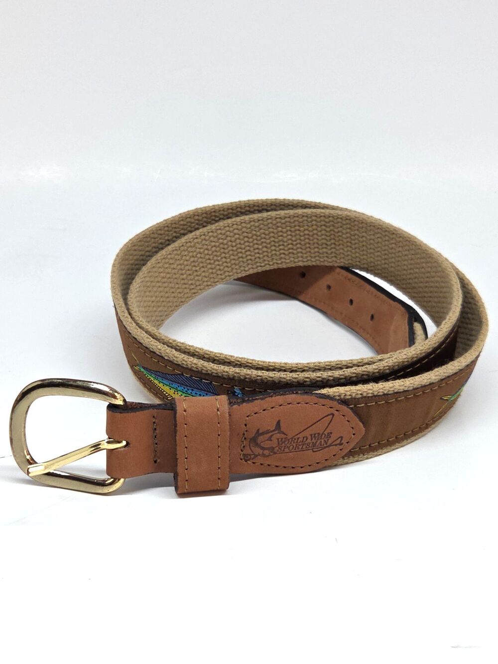 World Wide Sportsman Belt Brown Canvas & Tan Leather Fish Motif Size 44